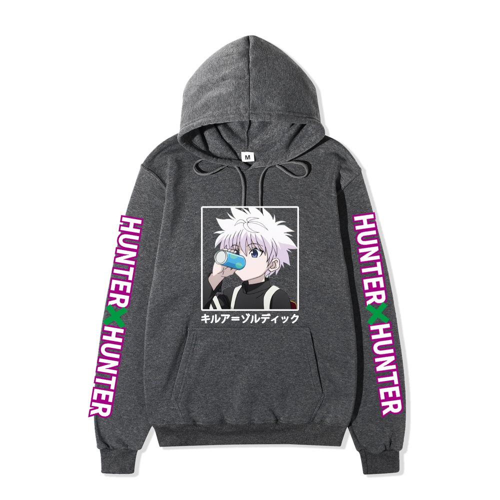 Hunter X Hunter Drinking Killua Hoodie Japanese Name Purple Letter Sleeve Anime Hooded Pullover Sweatshirt