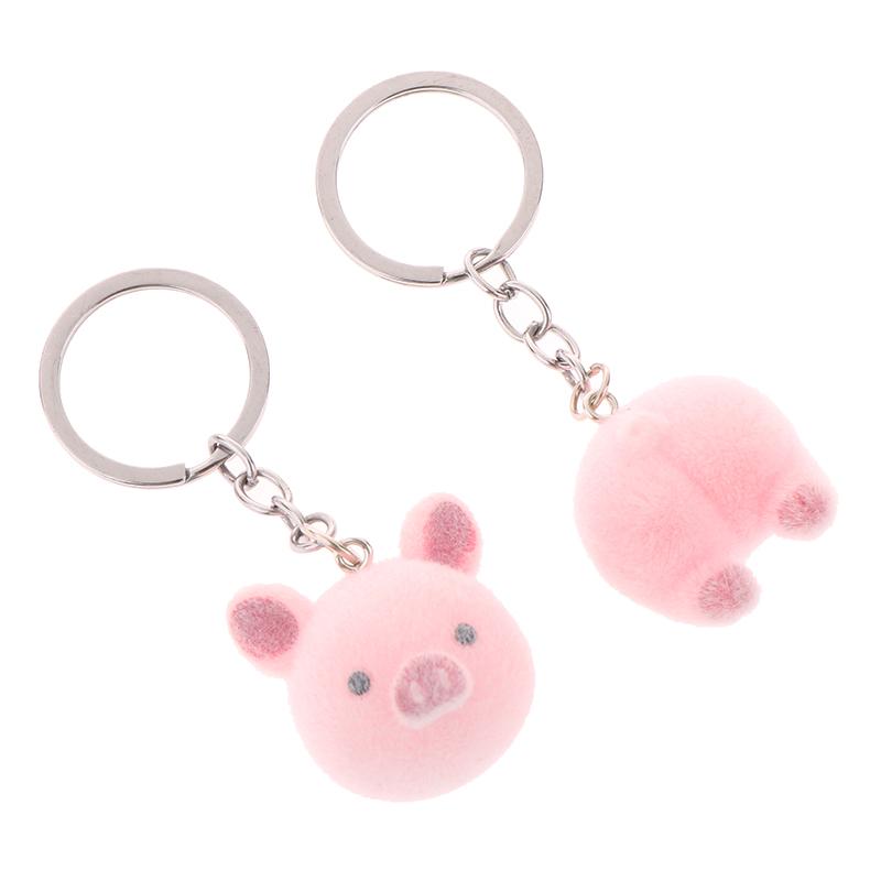 

1Pair 3D Cartoon Flocked Pig Keychain Pendant Resin Pig Head Piggy Tail Animal Keyring Couple Backpack Charms Bag Car Decor Gift