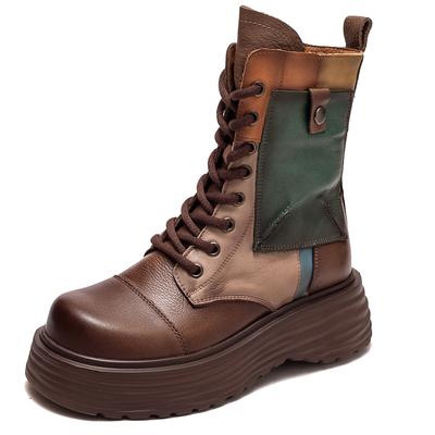 Mode GKTINOO Handgefertigte Stiefel Damen Echtes Leder Runde Zehen Schnürung Reißverschluss Plateau Dicke Sohle Mid-Calf Stiefel Retro Zapatos Mujer