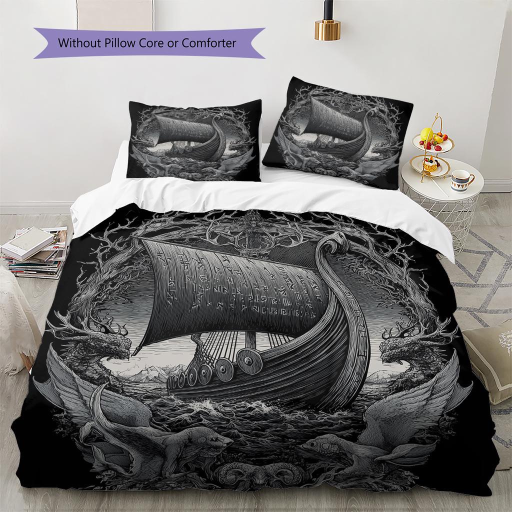Viking Longship Pattern Bedding Home Decoration Birthday Gift (1 * duvet cover + 2 * pillowcase, without core)