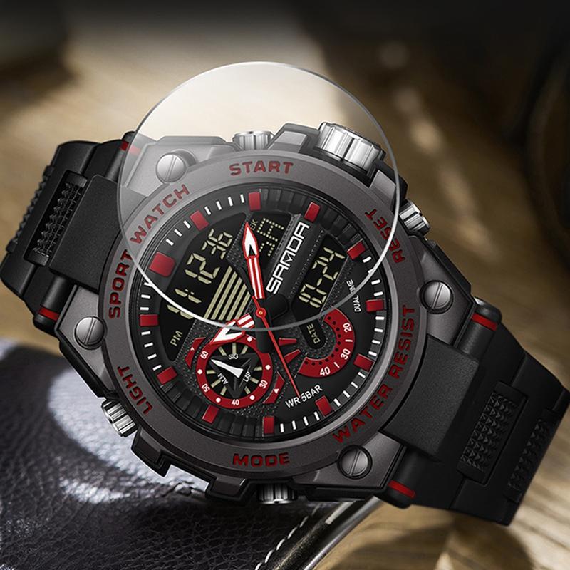 SANDA Luxury LED Dual Display Digital Quartz Watch for Men Shockproof Waterproof Sports Wristwatches Student Watch
