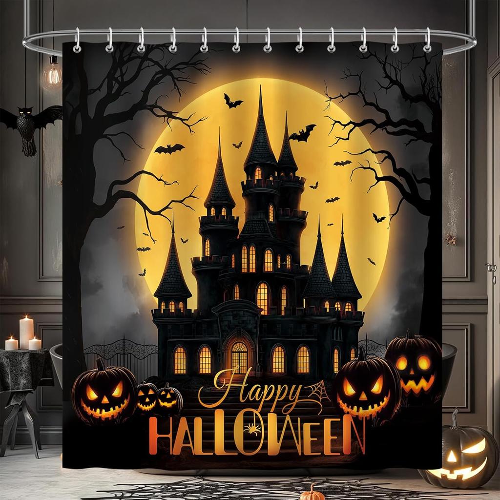 Halloween Full Moon Bat Pumpkin Lantern Shower Curtain With Spooky Castle Pattern, Polyester Bathroom Decor Includes Hooks