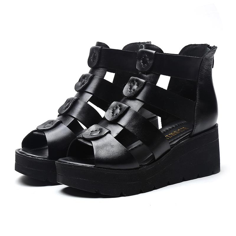 Women Leather wedge platform fish mouth sandals summer comfortable hollow high-heeled thick-soled Roman sandals C995