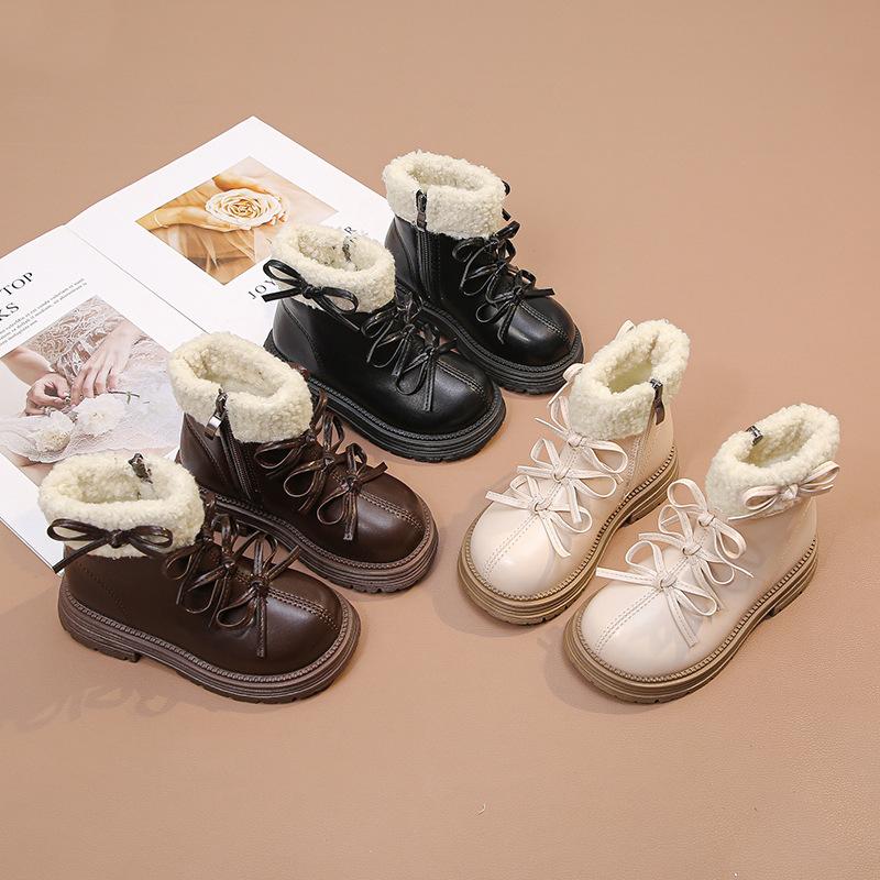 Girls' Velvet 2025 Martin Boots Korean Version Bow Fluffy Short Boots Medium and Older Children's Cotton Boots Thick-soled Princess Style Boots