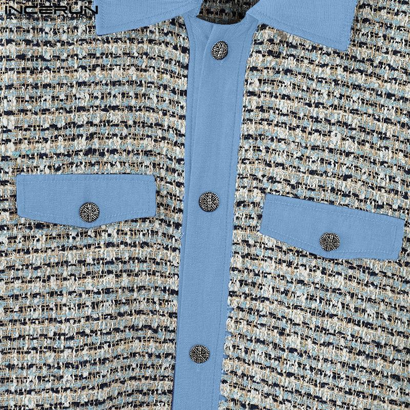INCERUN Oversized Men Lapel Long Sleeve Plaid Patchwork Texture Casual Coats