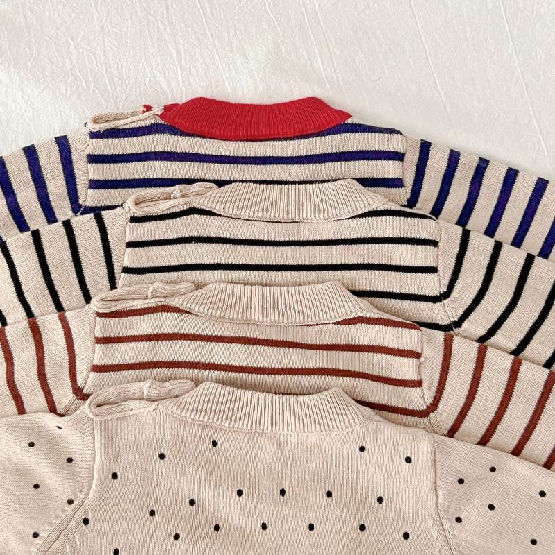 Maglioni per neonati per ragazzo e ragazza, maglione in cotone neonato con scollo tondo a righe e fondo a pois