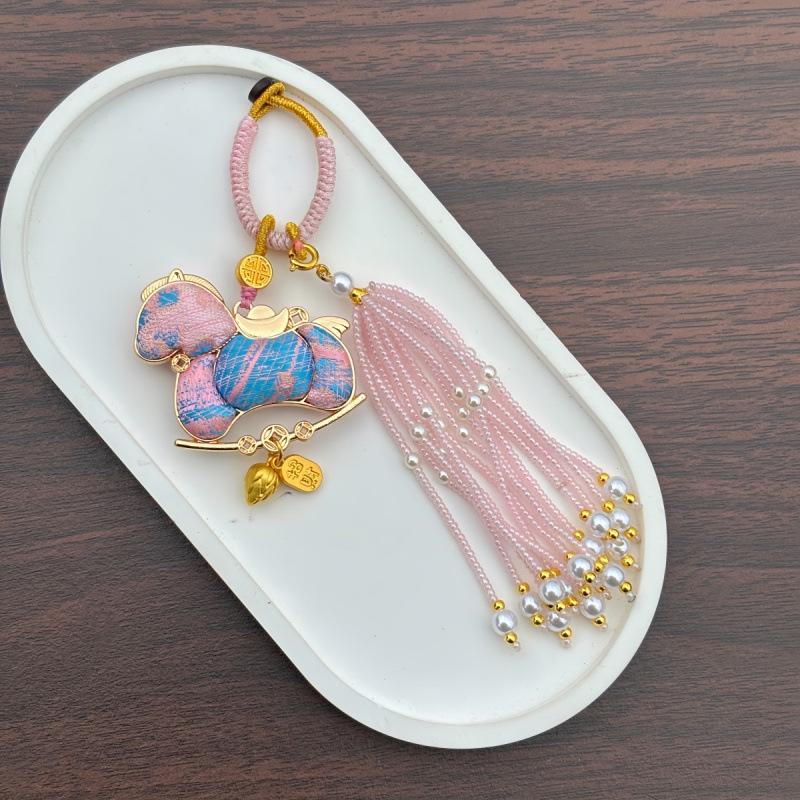 Pure Handmade Song Brocade Horse Pendant Charm – Double-Sided Fortune & Prosperity Tassel Ornament