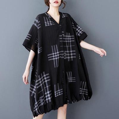 Abito estivo midi casual e ampio, a maniche corte, in stile vintage, a quadri, nero, taglie forti, nuovo, per donna