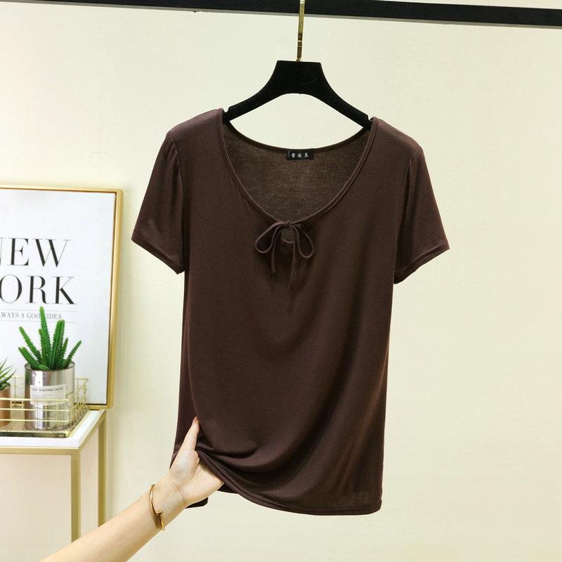 Korean Style Drawstring Modal Short Sleeve Tshirt Cute Slim Fit O Neck T-Shirt Lightweight & Soft Casual Tee Tops for Women Trendy Summer Basic Shirt