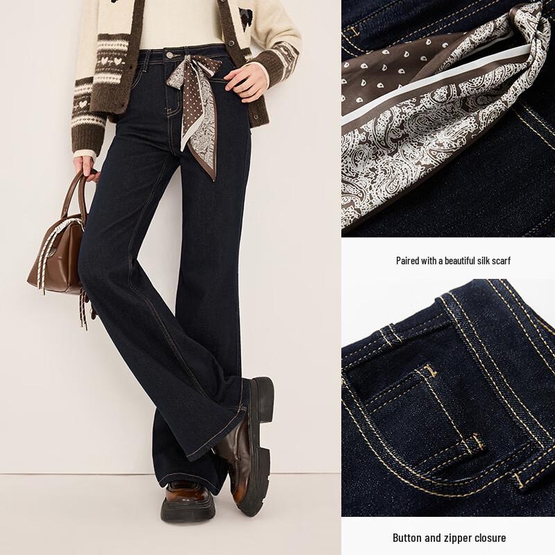 Xiangying Women's Retro High-Waist Flared Jeans with Scarf