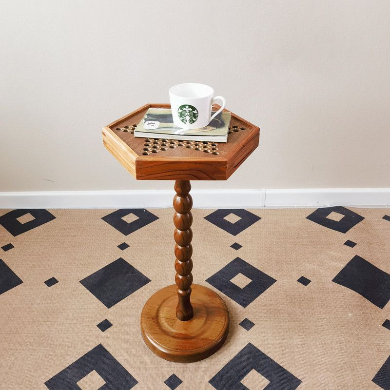 Vintage Hexagonal Side Table Solid Wood Table with Integrated Checkers Board Durable Fun Table for Living Room Multi-Purpose