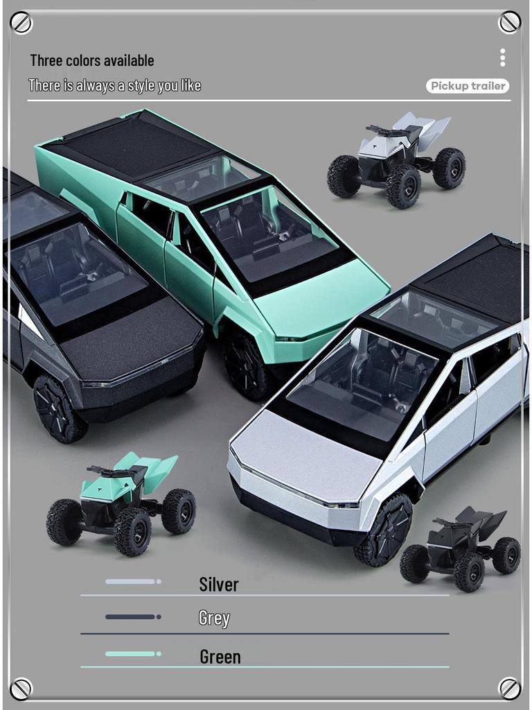 1:32 Tesla Pickup Truck Toy with Caravan: Alloy Pull-back Model with Sound, Light, and Opening Doors