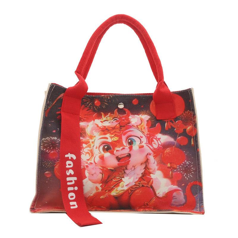 2024 Dragon Year Gift Bag Canvas Bag Commuter Tote Bag National Style Large Capacity Casual Tote Bag Underarm Bag