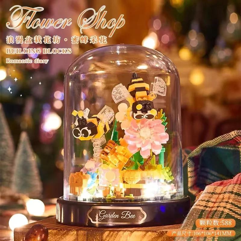 Bee Butterfly Flower Bonsai Stavební bloky Hmyz Rostlina Model v květináči Kostky s krytem proti prachu Dětská hračka pro kutily Vánoční dárek