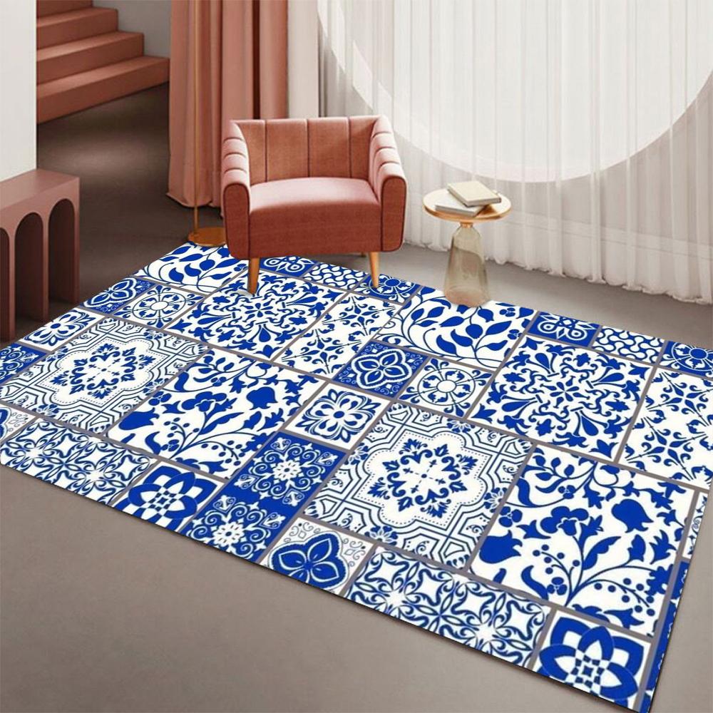 Classical Floral Area Rug Navy Blue Bohomian Patchwork  Rugs for Living Room Dining Room Bedroom Non Slip Stain Resistant Carpet