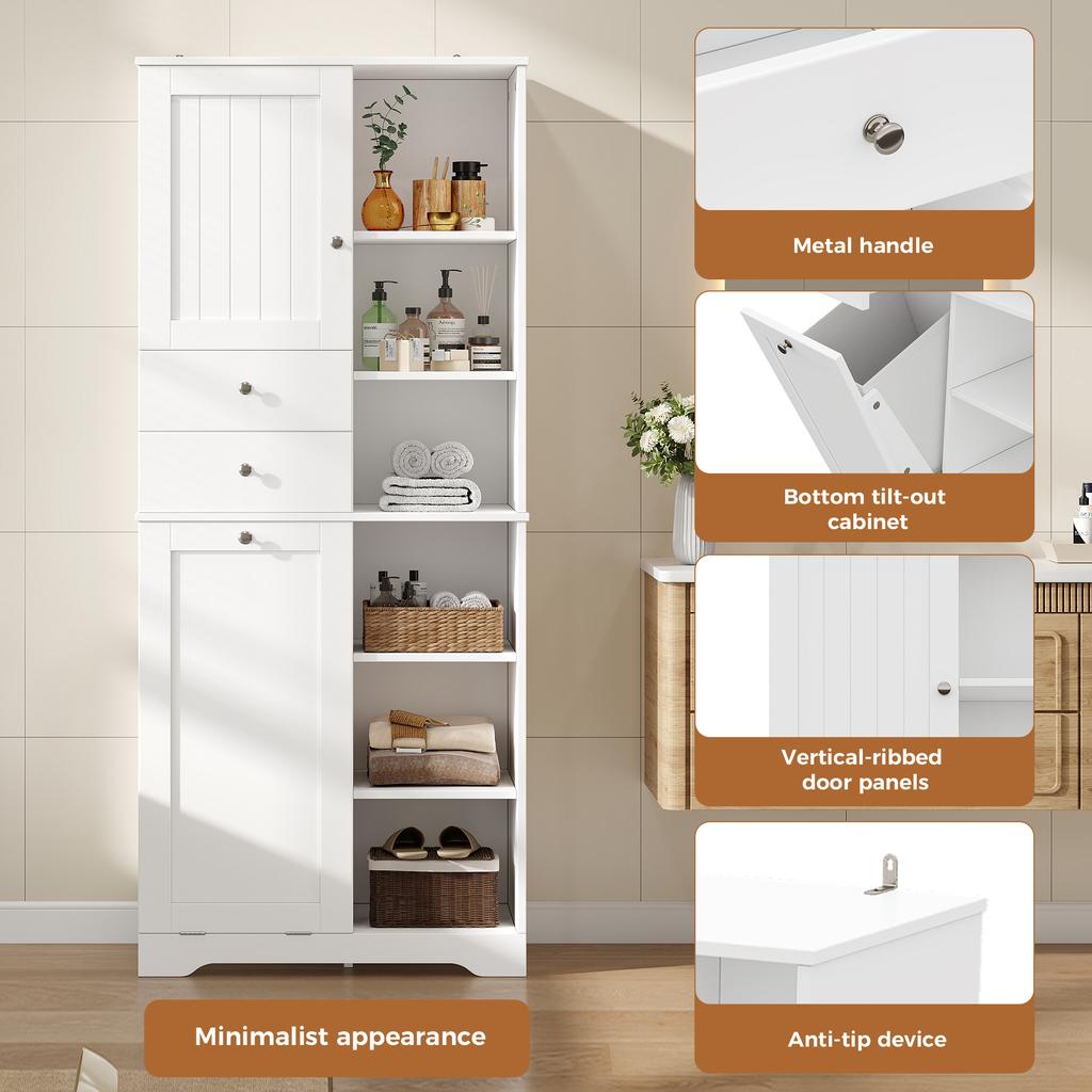 60×37×171 cm, Tall Bathroom Cabinet, MDF, 2 Drawers, Laundry Basket with Flap, Adjustable Shelves, Soft-Close Hinges, Tip-Over Protection, White.