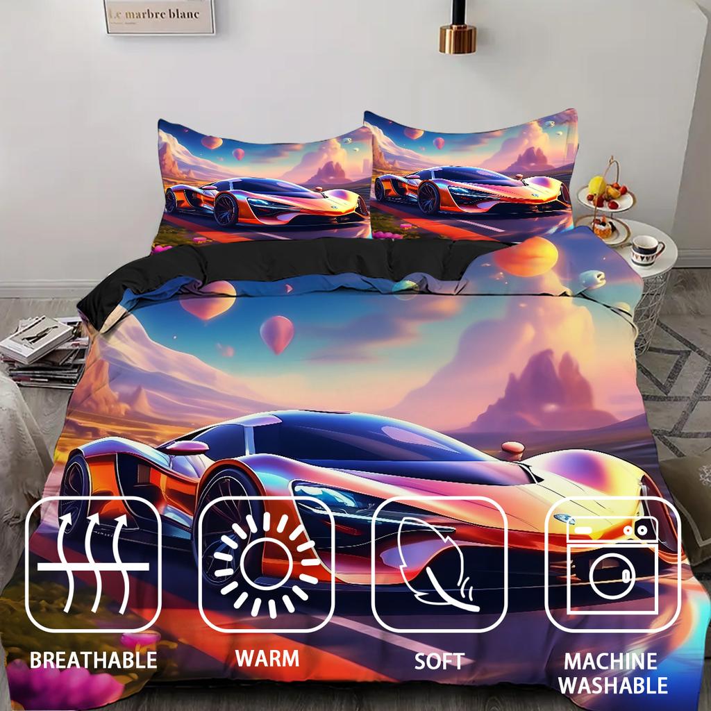 2/3Pcs Cool Colorful Sports Car 3D Printed Quilt Cover Cartoon Dream Style Soft Bedding Set Home Textiles Polyester Duvet Cover