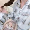 Cute Cat Print Pjs Satin Silk Sleepwear Long Sleeves Fashion Pyjamas Spring Summer Pajamas for Women Lapel Home Wear