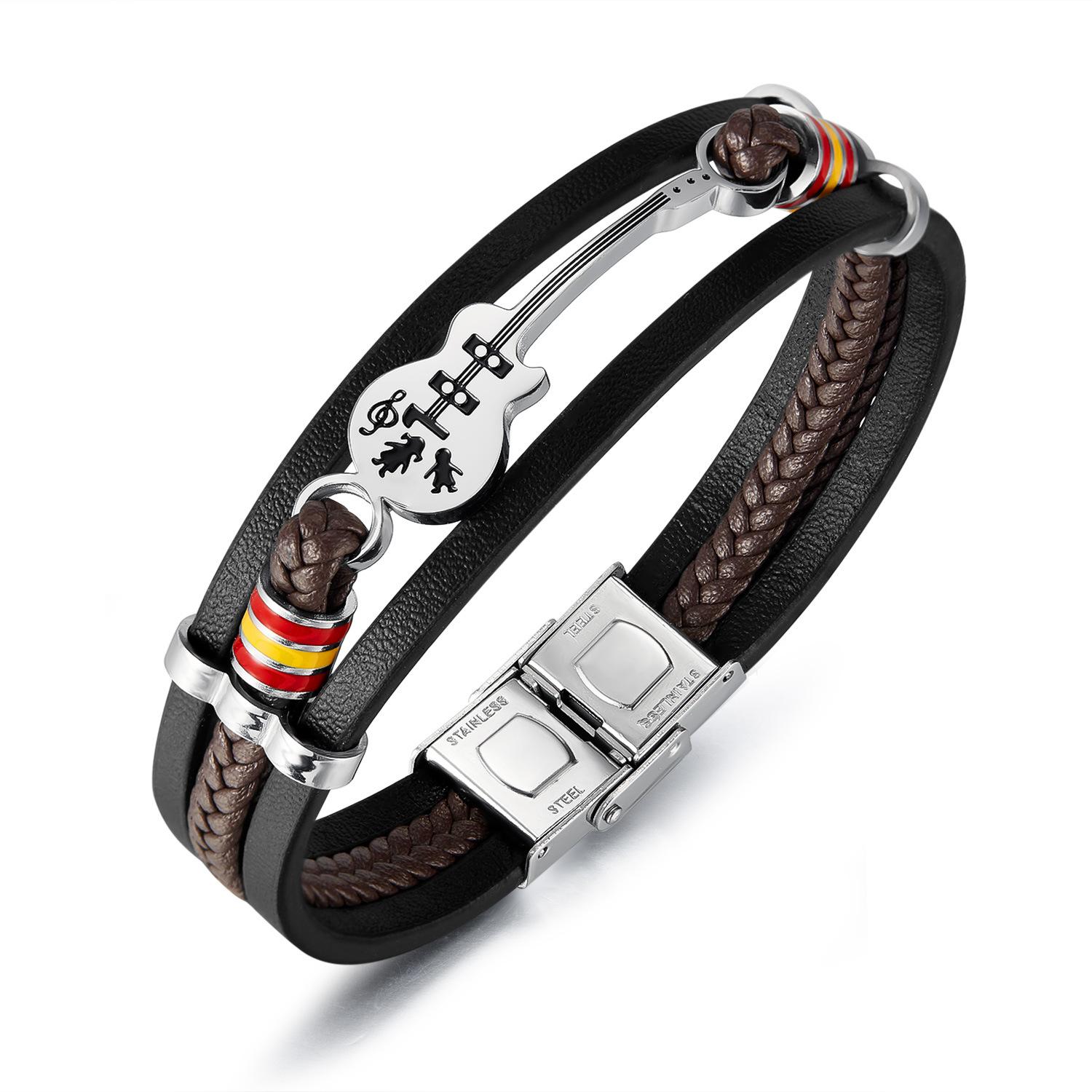 European and American Men s Leather Bracelet, Men s Guitar Bracelet, Multi-layer Woven Bracelet Leather Rope, for Boyfriend 22CM