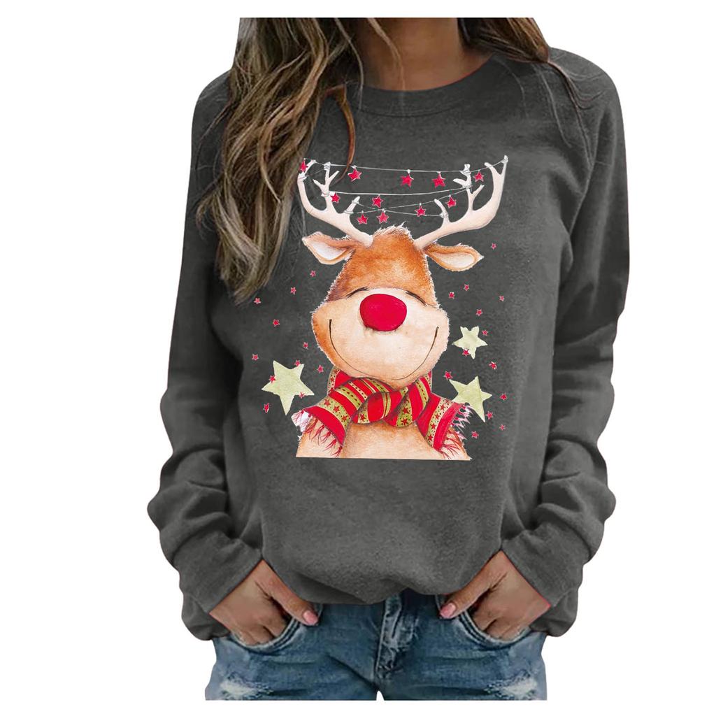 Vintage Gedruckt Pullover Frauen Weihnachten Casual Lose Dünne Hoodie Damen Deer Kopf 3d Sweatshirt