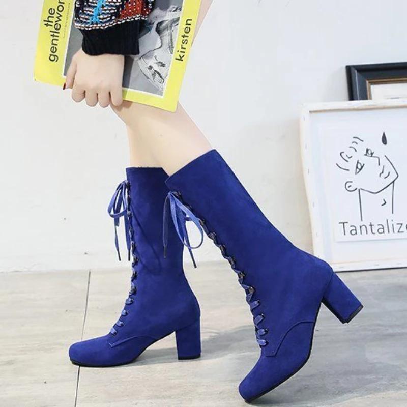 Footwear Cosplay Elegant Heeled Ladies Boots High Heels Shoes for Women Lace-up with Laces Mid Calf Blue Half Platform Chic Boot
