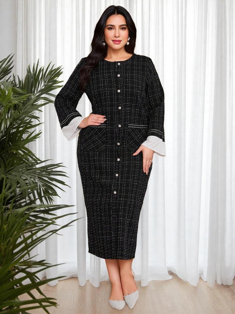 Middle East Houndstooth Long Sleeve Plus Size Round Neck Dress