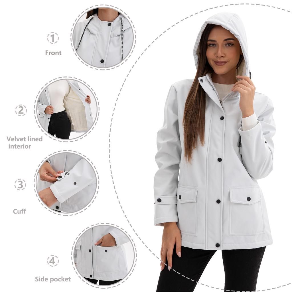European and American Style Women's Hooded Windbreaker Coat, Fleece-lined, Waterproof, Suitable for Spring and Autumn.