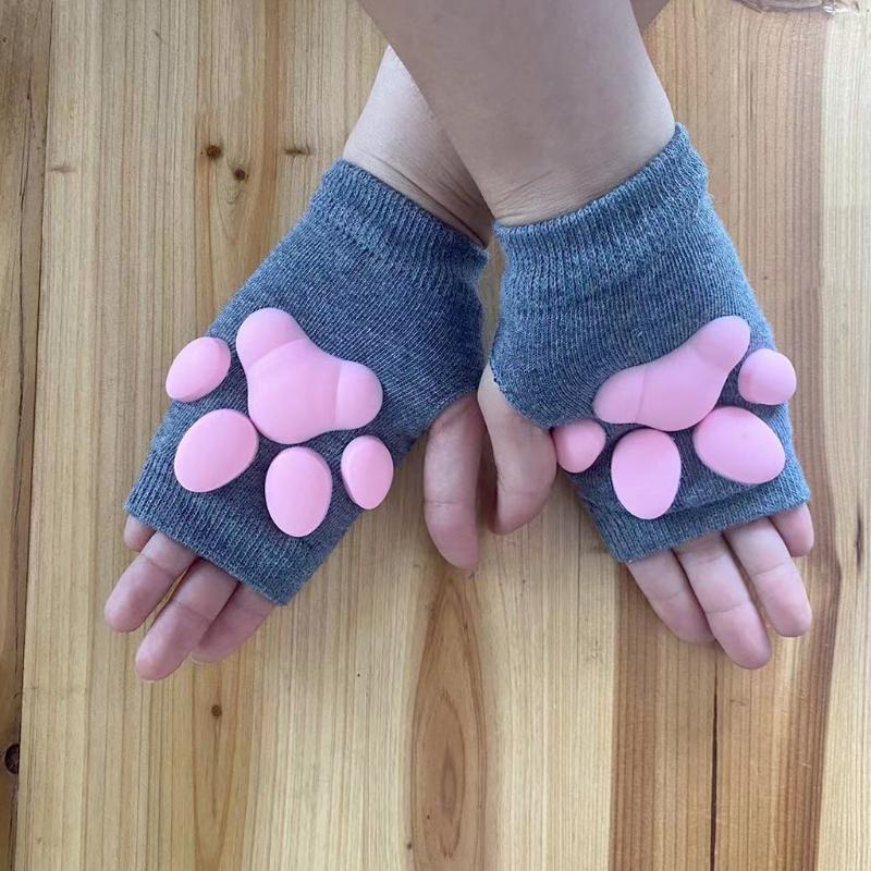 Silicone 3D Cats Claw Pad Mittens Fingerless Kitten Paw Gloves Halloween Cats Cosplay Mitten Knitted Lolita Hand S