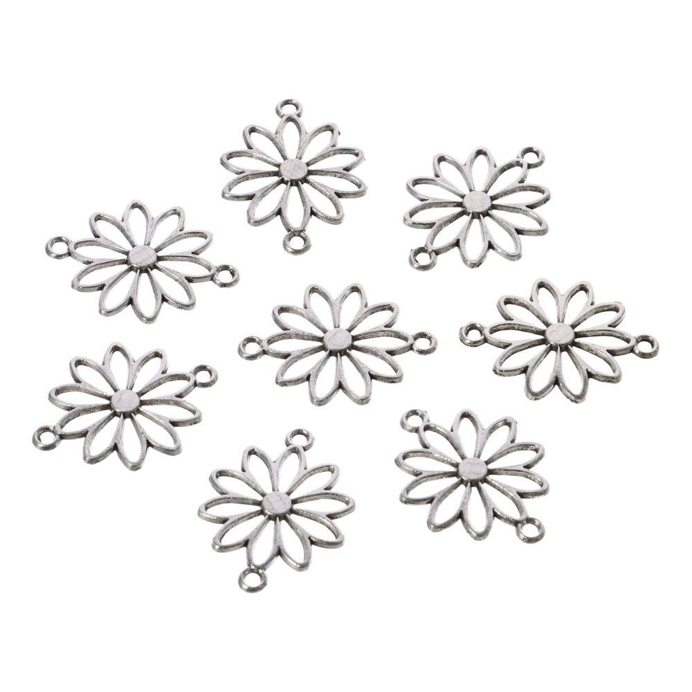 60pcs Daisy Flower Flower Connector Charms Hollow Antique Silver Double Loop Pendants Zinc Alloy 25*19*1.5mm