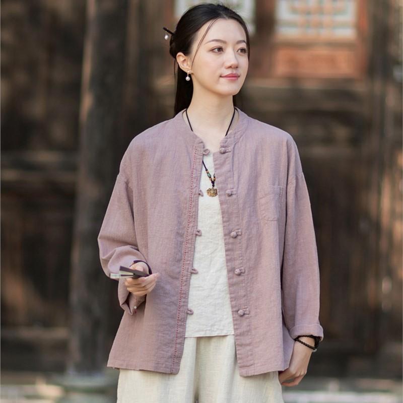 Johnature Women Vintage Shirts Spring Chinese Style Solid Color Stand Long Sleeve Button Pockets Blouses