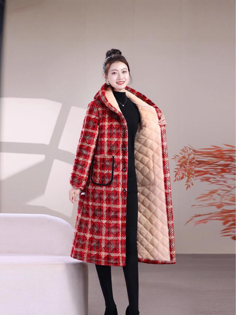 Women's Extra Long Flannel Hooded Jacket with Thick Fleece Padding for Winter Work and Home Wear