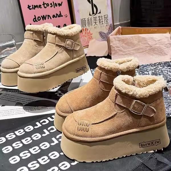 Soft leather version~ Lamb wool shoes platform muffin Boken snow cotton boots big head bread shoes small man showing feet small woman