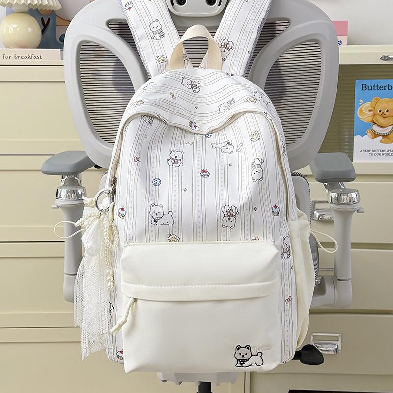 Schoolbag Female Japanese Small Fresh Sweet Printed Bear Striped Backpack Junior High School Student Lightweight Large Capacity Backpack