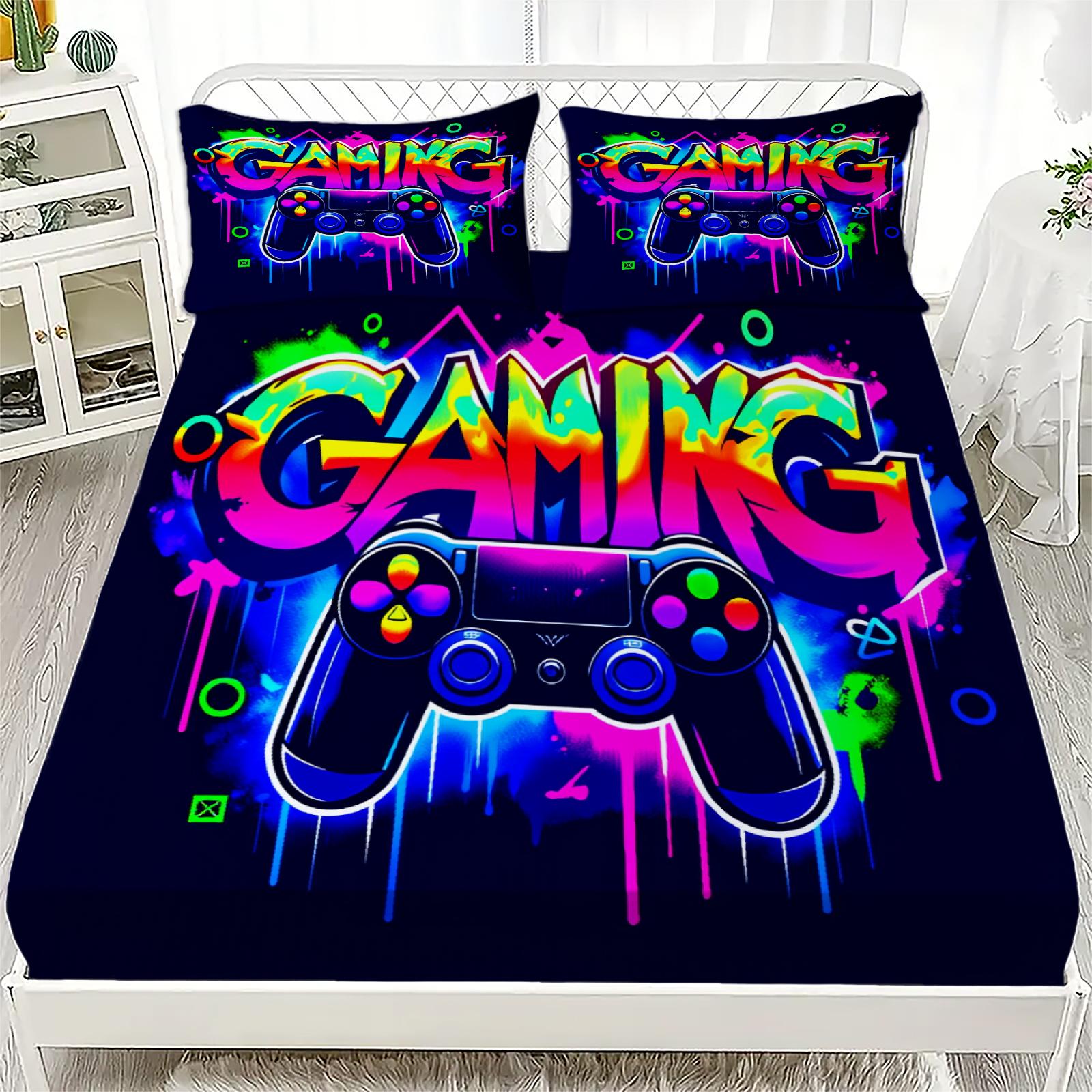 

3PCS Neon Graffiti Gaming Controller Fitted Sheet Flat Sheet Set Vibrant Gaming Bed for Teen Boys Queen Size Trendy Room Decor 120x200x25cm