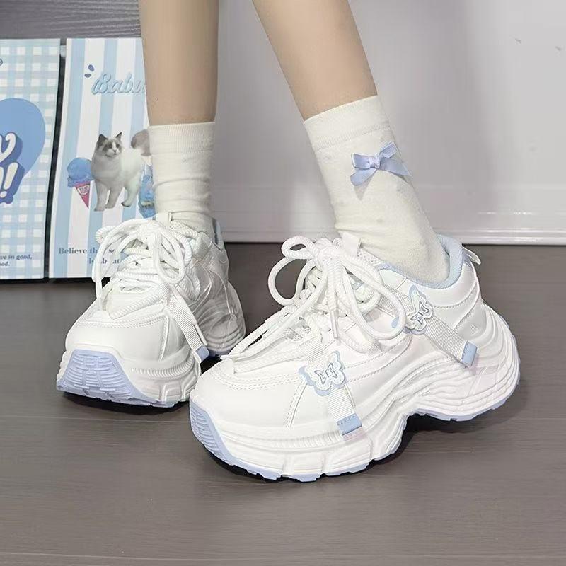 Blue Butterfly Sneakers Women'S Popular Fashion Versatile Casual Shoes Hong Kong Style Platform Dad Shoes Women