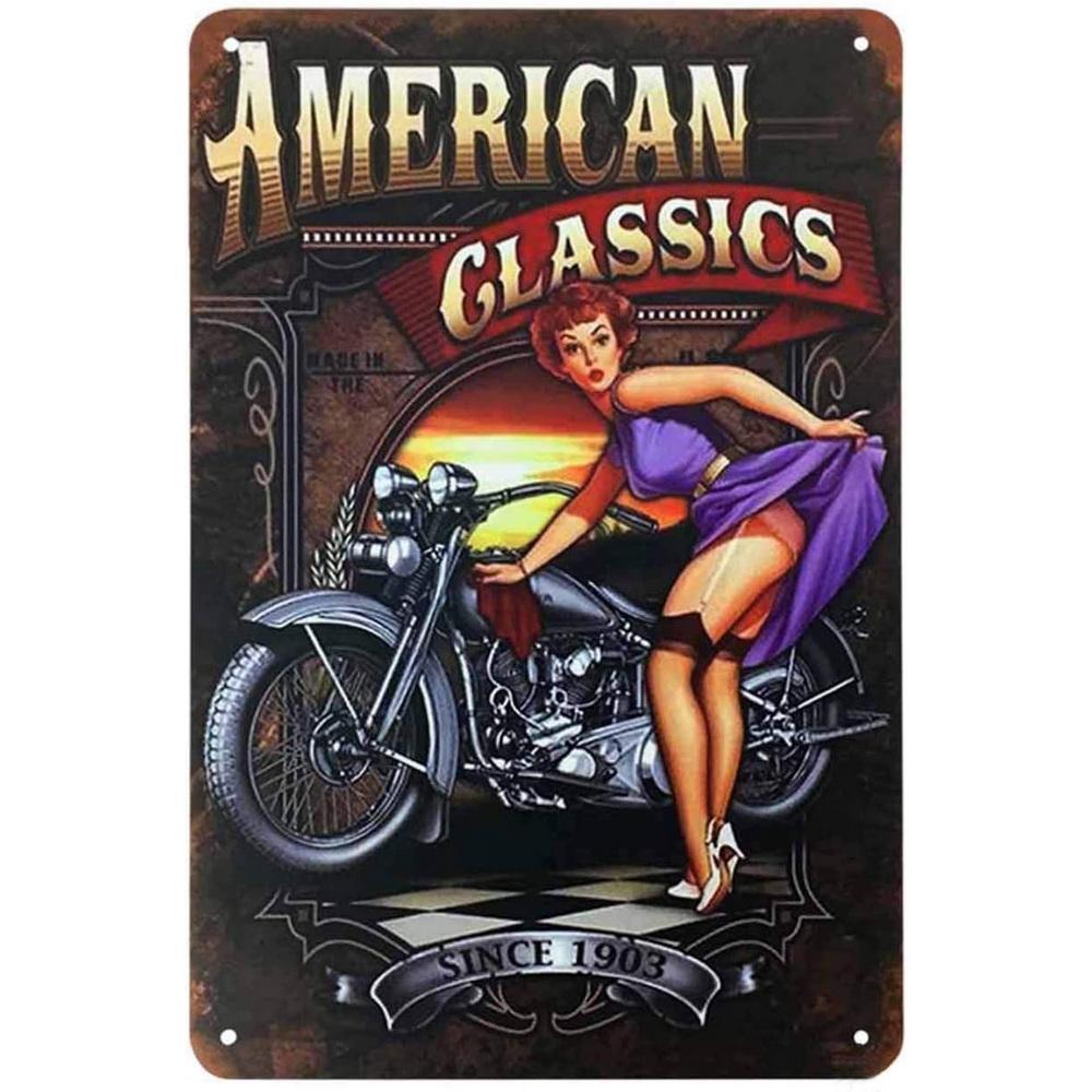 Pin-up Girls Gas Oil Station Motorcycle Full Service Greased Route 66 Auto Repair Metal Tin Signs Rural Vintage Garage Pub Ba