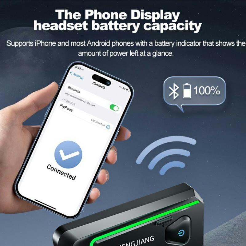 Bluetooth 5.3 Motocyklová helma Náhlavní souprava Handsfree Hovor Stereo Přehrávač hudby Vodotěsná Sluchátka s Tříbarevným Ambientním Světlem