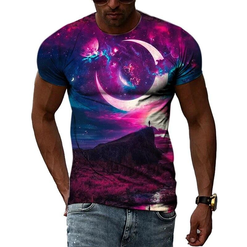 Fashion New Creative Cosmic Planet Graphic T Shirts Summer Men Casual Science Fiction Pattern Printed O-neck Short Sleeve Tops