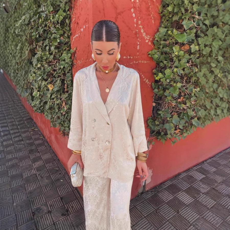 

Spring V-Neck Long Sleeve High Waist Loose Wide Leg Pants Two Piece Set Fashion Suit Jacket XL білий