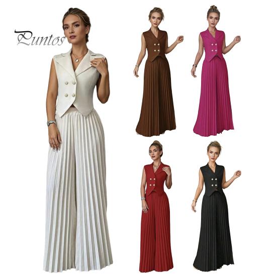 Comfortable Spring Suit Women's 2 Piece Vest Sets Sleeveless Button Crop Blazer Women Set And Wide Leg Pleated Pants Casual Business Outfits Everyday
