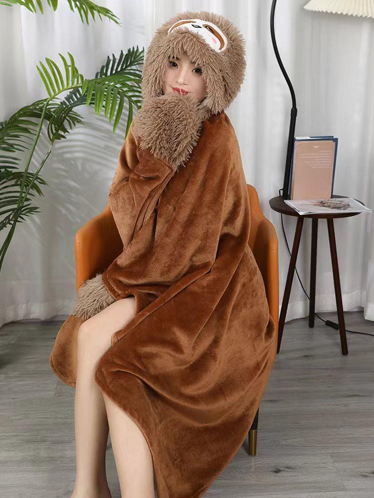 

Двусторонний флисовый плед-шаль для сиесты, Офисный плед с кондиционером для сиесты, Фланелевая шаль-накидка с капюшоном 155*125cm хаки