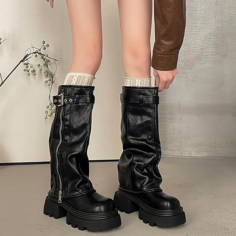 Gürtelschnalle Damen Kniehohe Stiefel Weibliche Plateau Dicke Sohle Hosenbeine Lange Stiefeletten Herbst Winter Damenschuhe