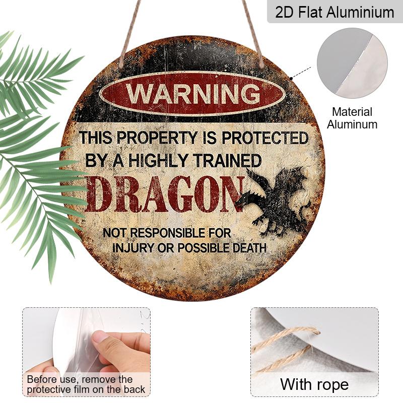 2D Flach, 1 Stück 7,87x7,87 Zoll 2D Flaches Rundes Schild, Vintage-Plakette mit „Warnung Drache“-Design, „Dieses Grundstück wird von einem trainierten Drachen geschützt“ Humorvolles Metall