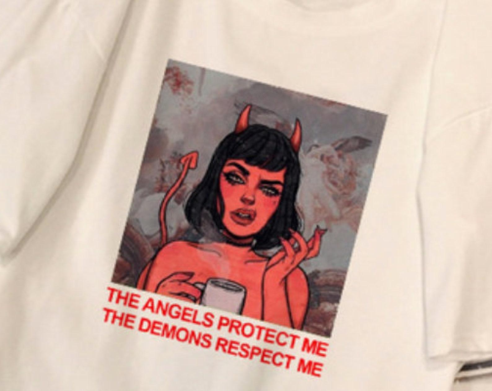 Demon Girl Graphic T-Shirt: Angels Protect Me, Edgy Aesthetic 3XL