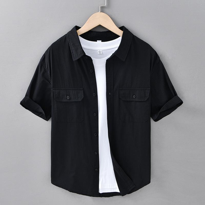 Summer Fashion Short Sleeve Shirt Men Japanese Style Workwear Double Pockets Shirt Pure Cotton Lapel Collar Casual Men Tops