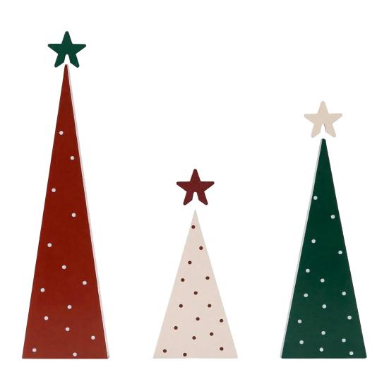 Reusable Festive Home Accents 3Pcs Wooden Christmas Tree Ornament, Polka Dot Cone Decor with Tiered Tray Decoration Star Topper, Rustic Farmhouse