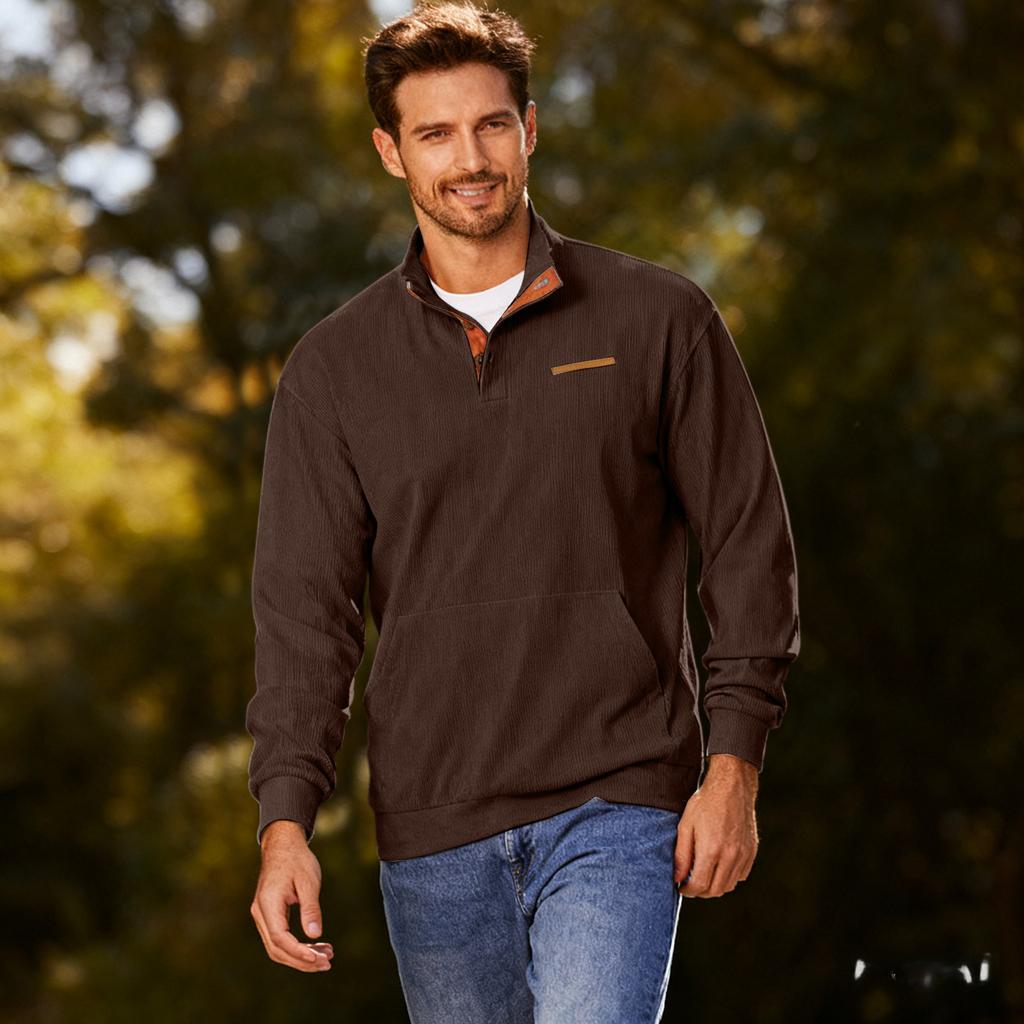 Men's Casual Loose Solid Color Outdoor Corduroy Stand Up Collar Long Sleeved Fake Pocket Hoodie