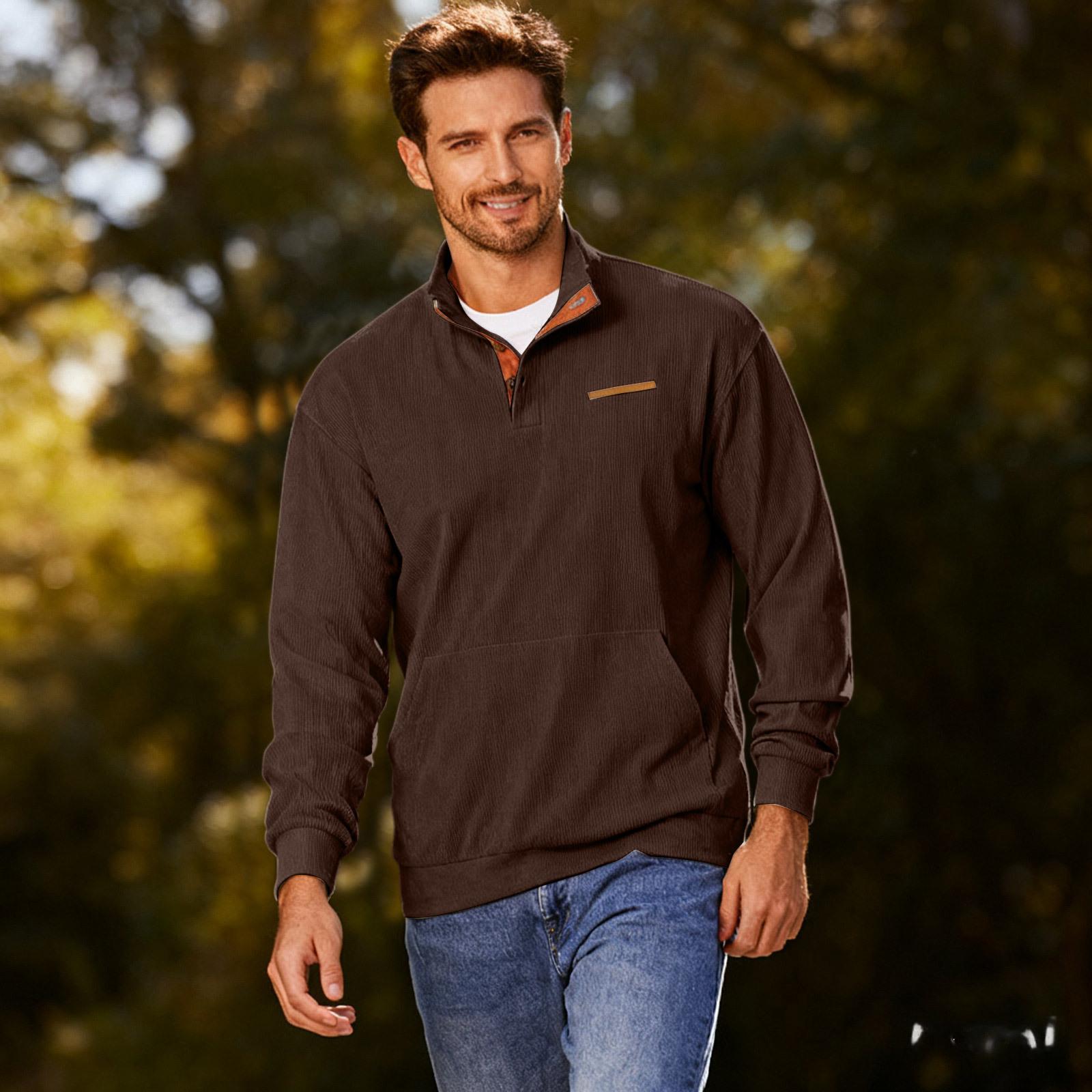 

Men s Casual Loose Solid Color Outdoor Corduroy Stand Up Collar Long Sleeved Fake Pocket Hoodie XXL коричневый