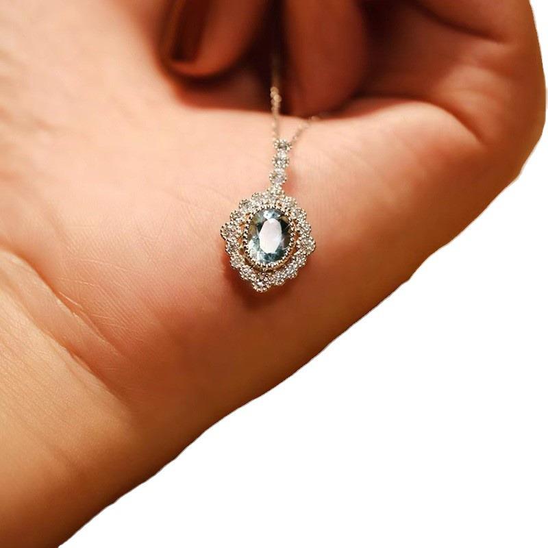 925 Sterling Silver Oval Aquamarine Necklace for Women with Lace Edge Design