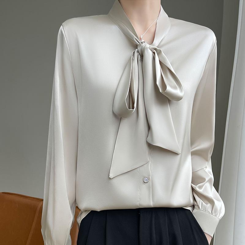Acetate Satin Bow Streamer Neck Shirt for Women In Summer New Draped Silky Korean Style Long-sleeved Top Base Shirt